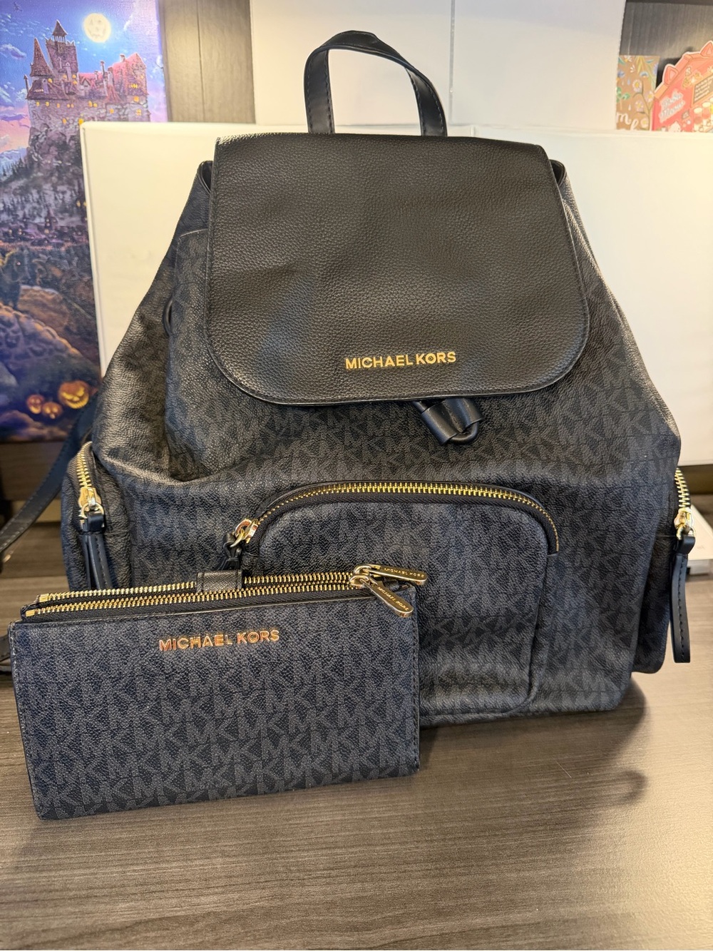 Michael Kors Black Logo-Print Backpack with Gold Hardware and Matching Pouch